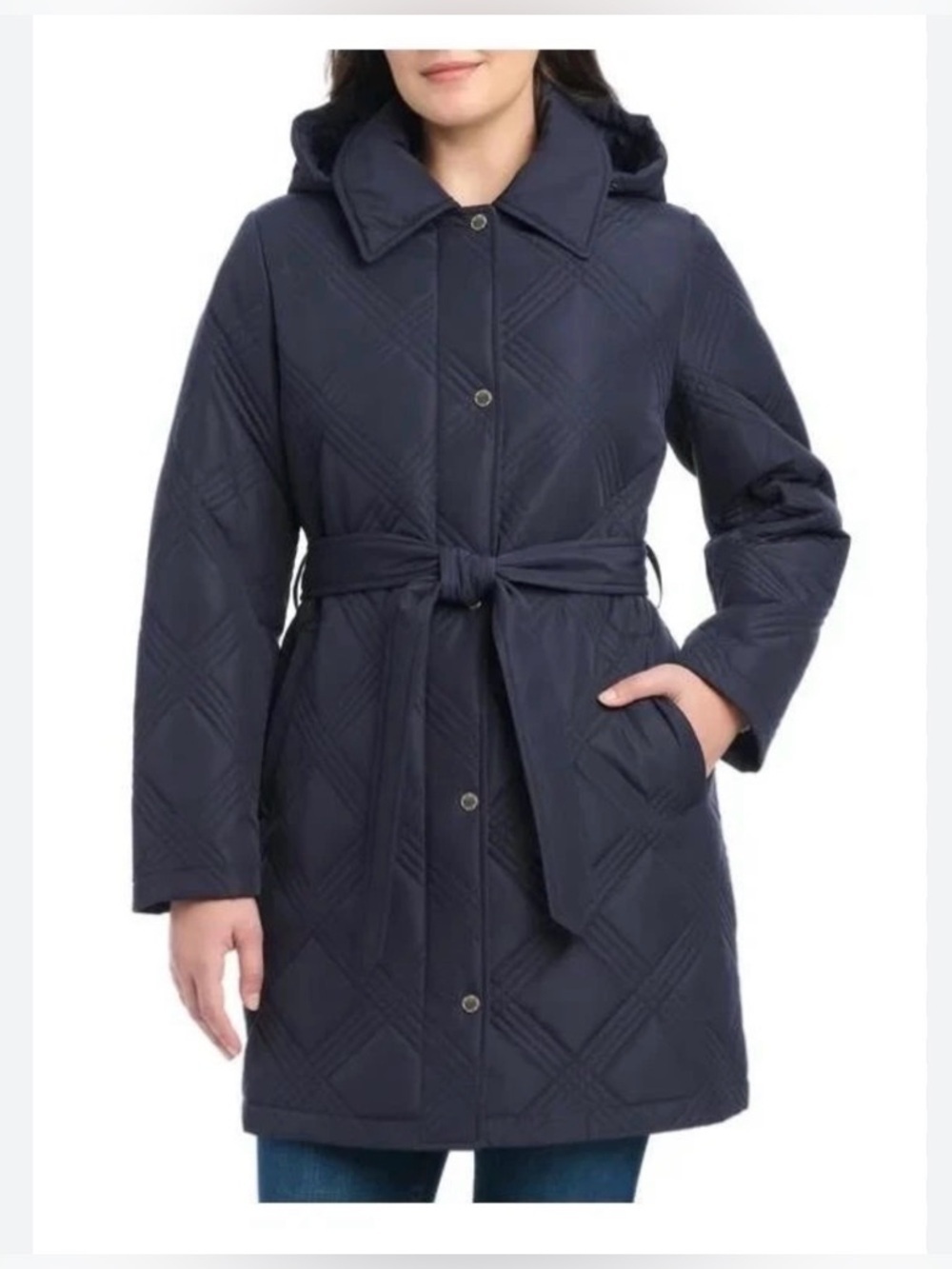 Jones New York NEW Quilted Hooded Belted Puffer Coat - Navy